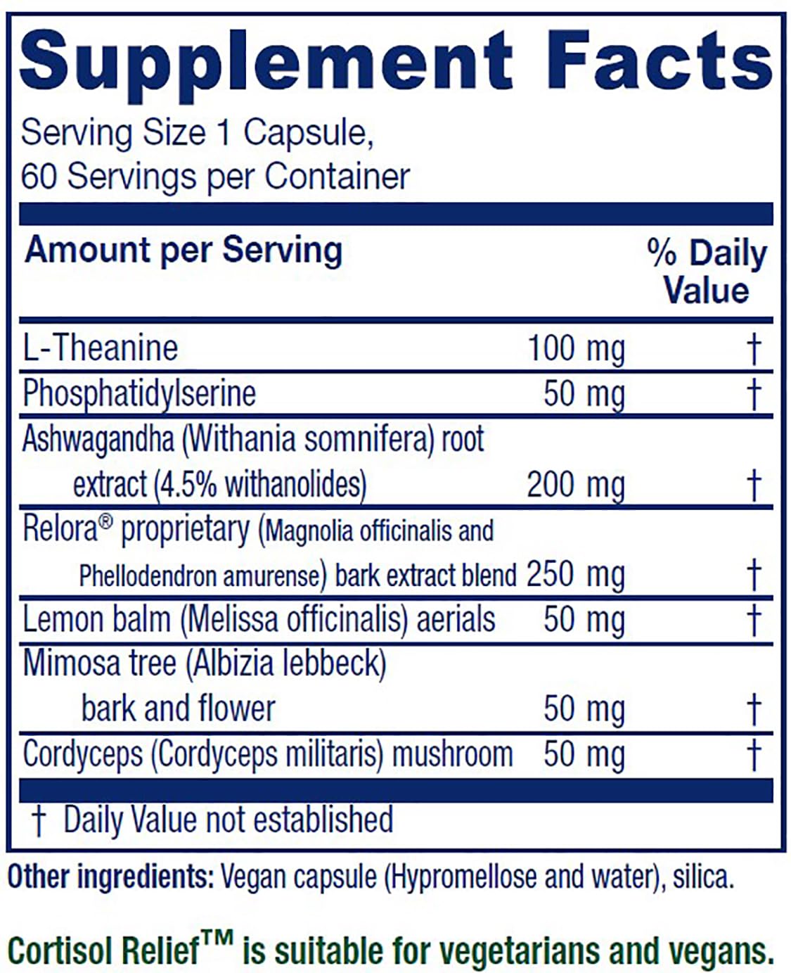 Vitanica Cortisol Relief capsules close-up for convenient daily stress support.