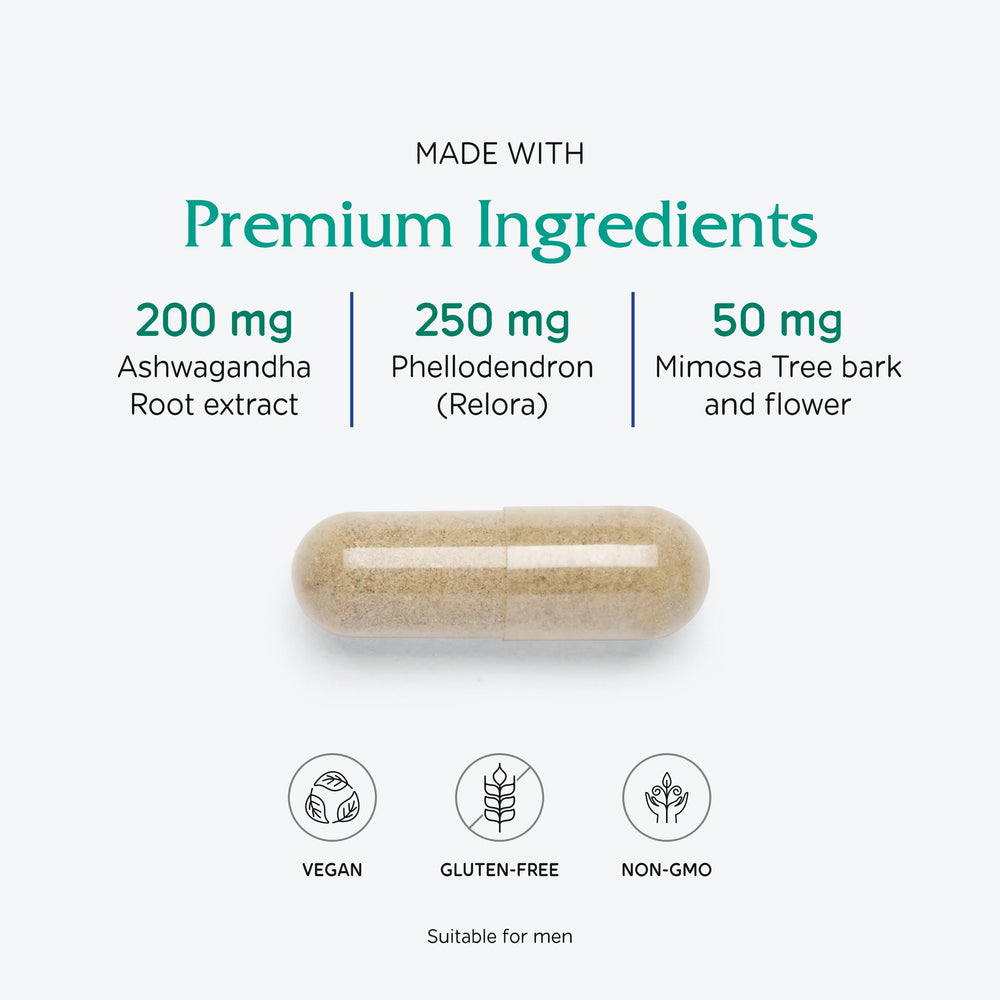Vitanica Cortisol Relief label details gluten-free, non-GMO ingredients.