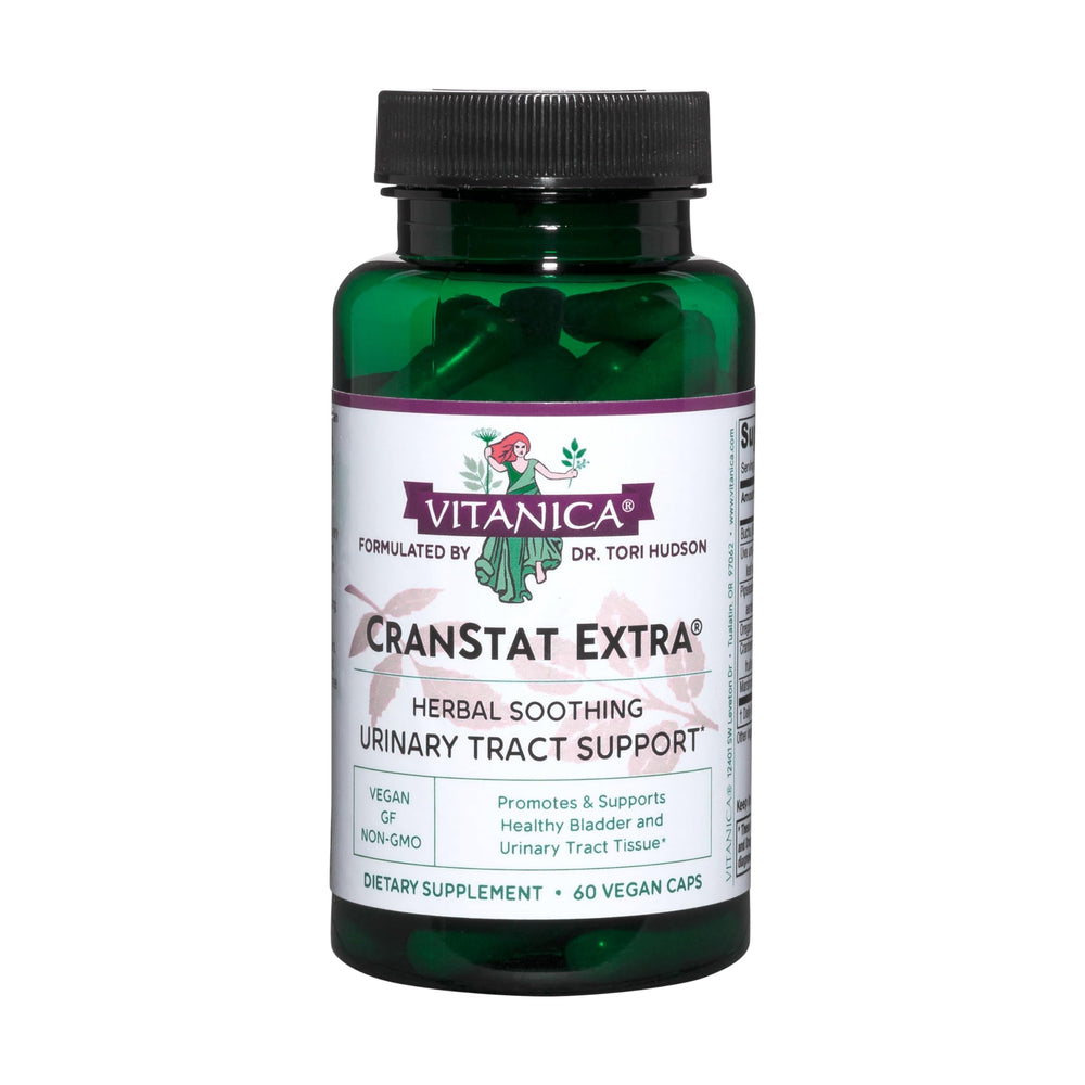 Vitanica CranStat Extra bottle front shows cranberry-rich formula for urinary support.