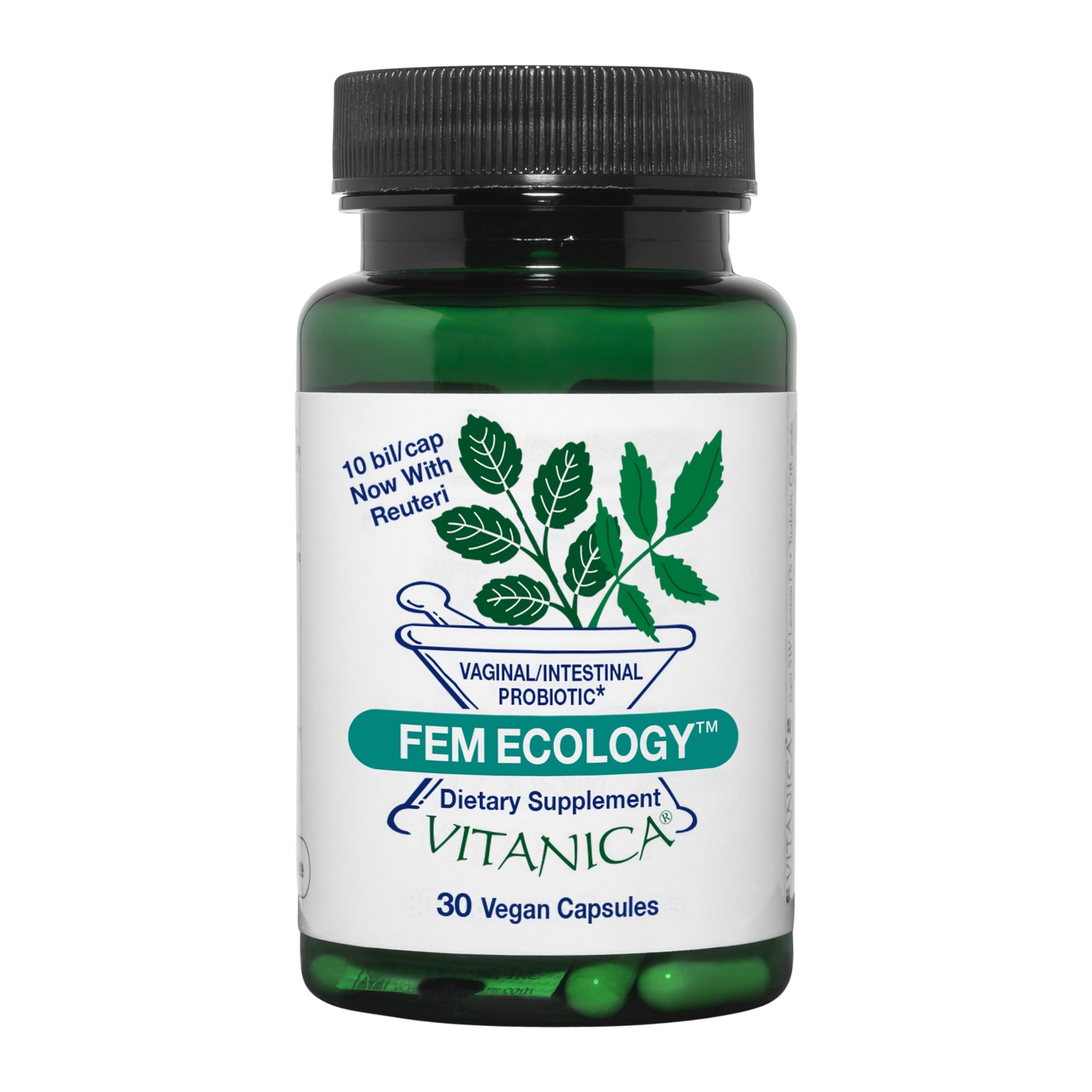 Vitanica FemEcology bottle front showing vegetarian probiotic for vaginal and intestinal balance