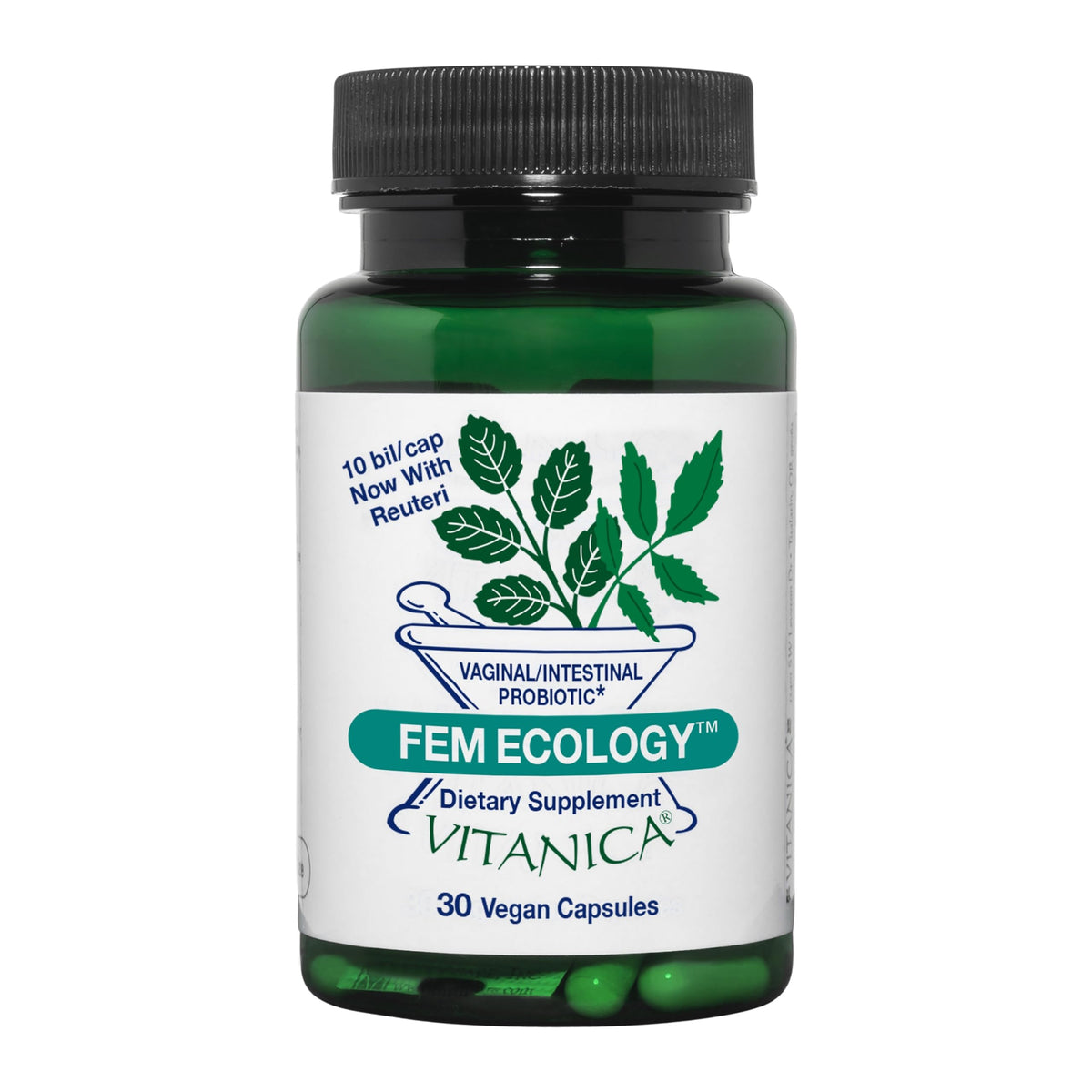 Vitanica FemEcology bottle front showing vegetarian probiotic for vaginal and intestinal balance