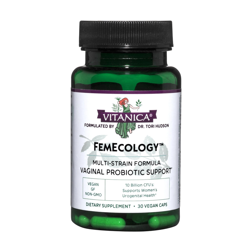 Vitanica FemEcology bottle front highlighting vegetarian probiotic support for vaginal and gut health.
