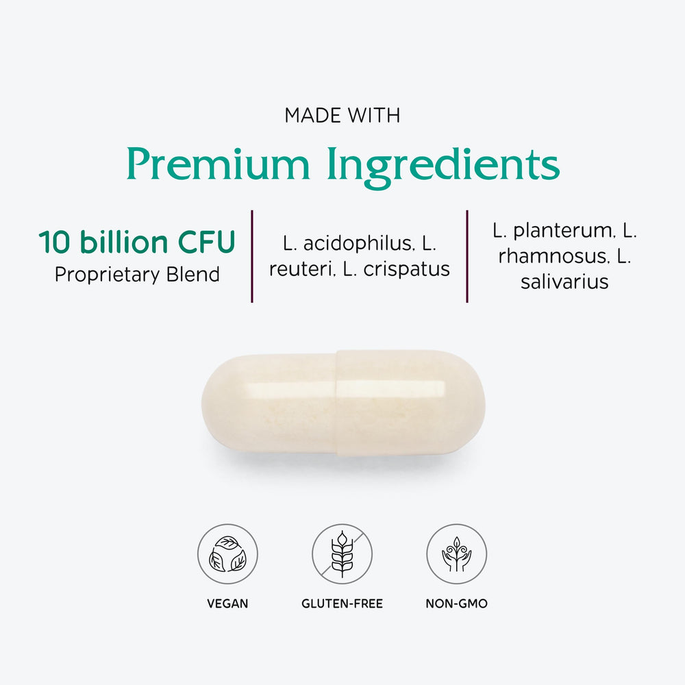 Vitanica FemEcology ingredient-list closeup highlights stabilized strains with suspended animation technology.