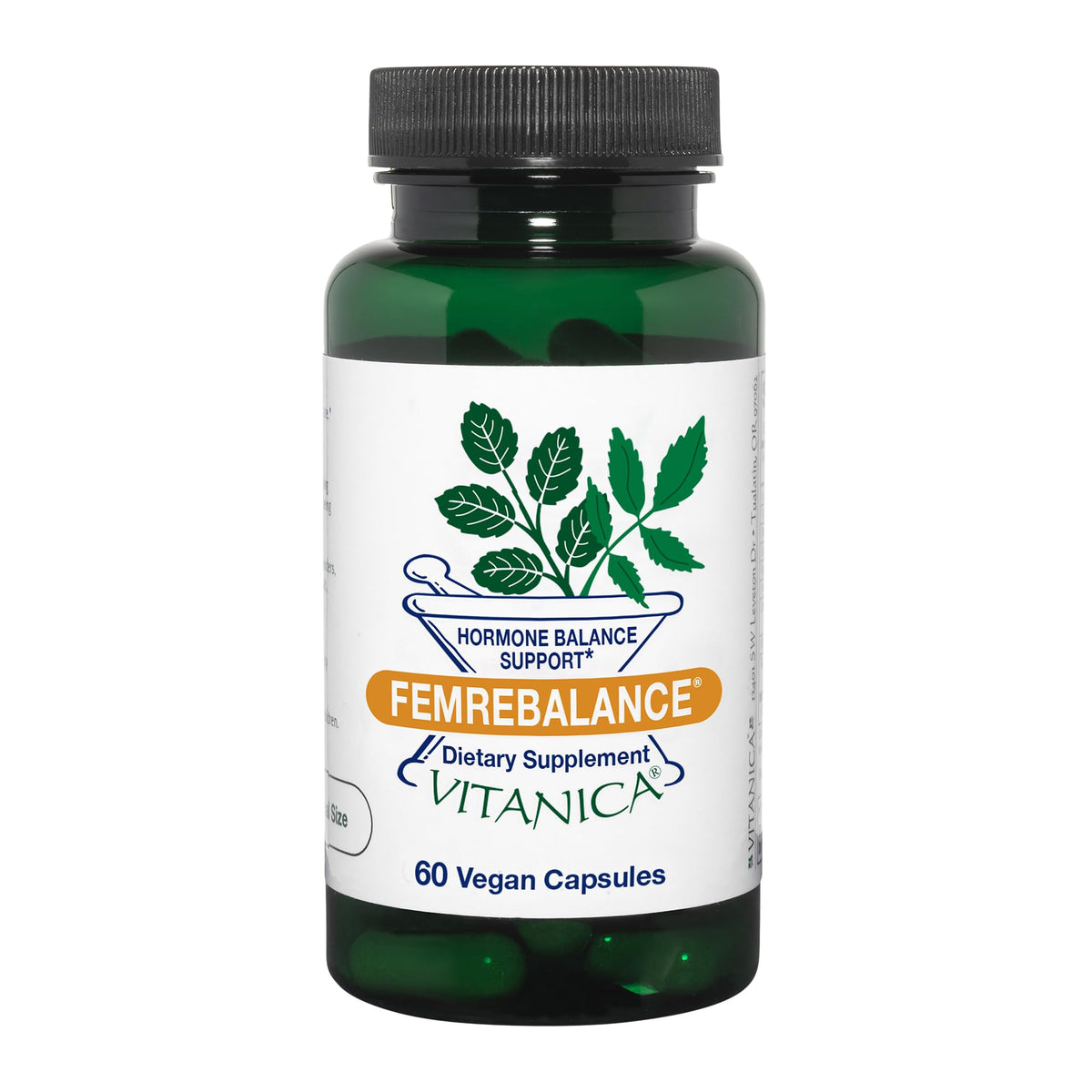 Vitanica FemRebalance bottle front, vegan capsules supporting women's hormonal balance