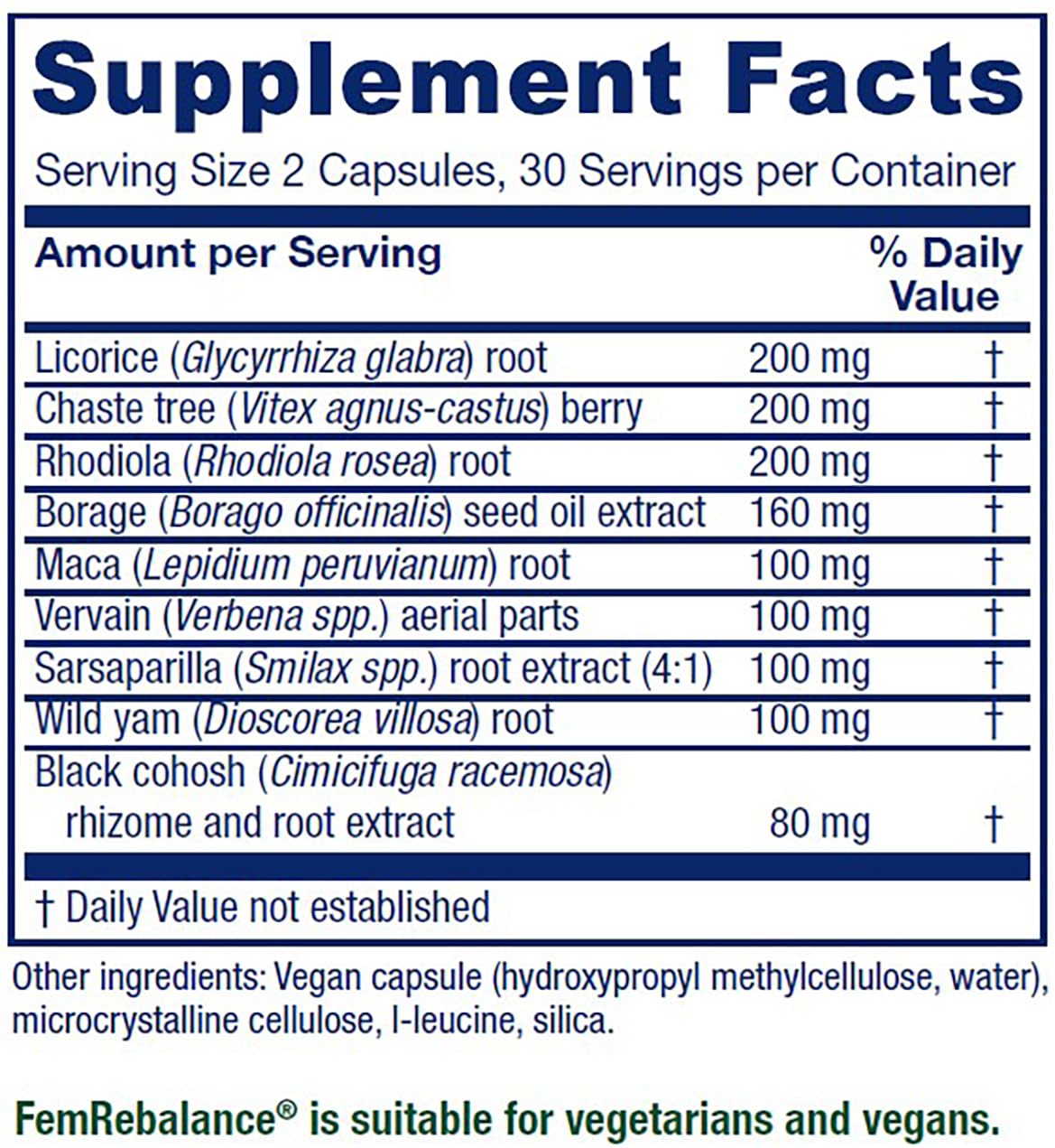 Vitanica FemRebalance bottle label highlights GLA-rich borage oil benefits