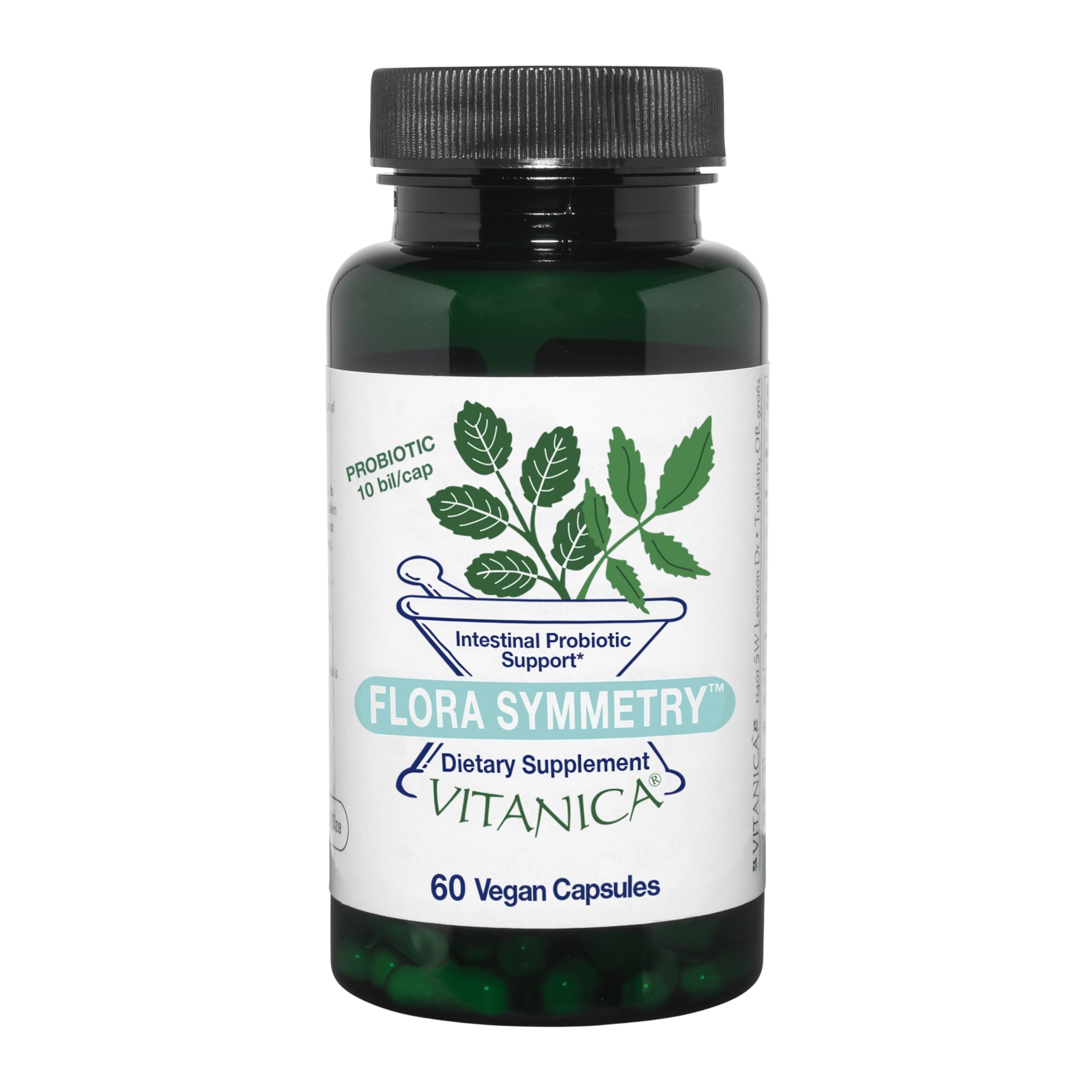 Vitanica Flora Symmetry bottle front, a shelf-stable probiotic for daily balance.
