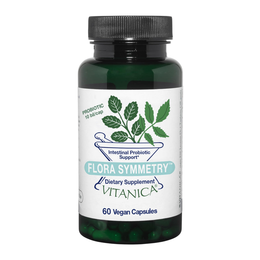 Vitanica Flora Symmetry bottle front, a shelf-stable probiotic for daily balance.