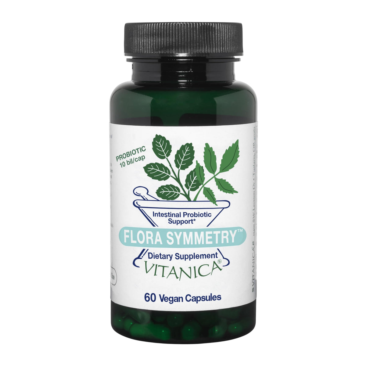 Vitanica Flora Symmetry bottle front, a shelf-stable probiotic for daily balance.