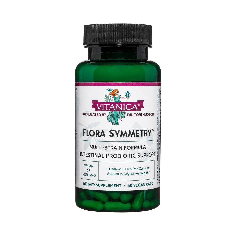 Vitanica Flora Symmetry bottle front, shelf-stable probiotic for adults.