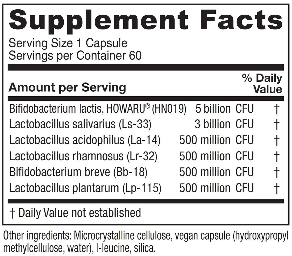 Capsules inside bottle showing 10 billion live organisms per capsule for daily support.
