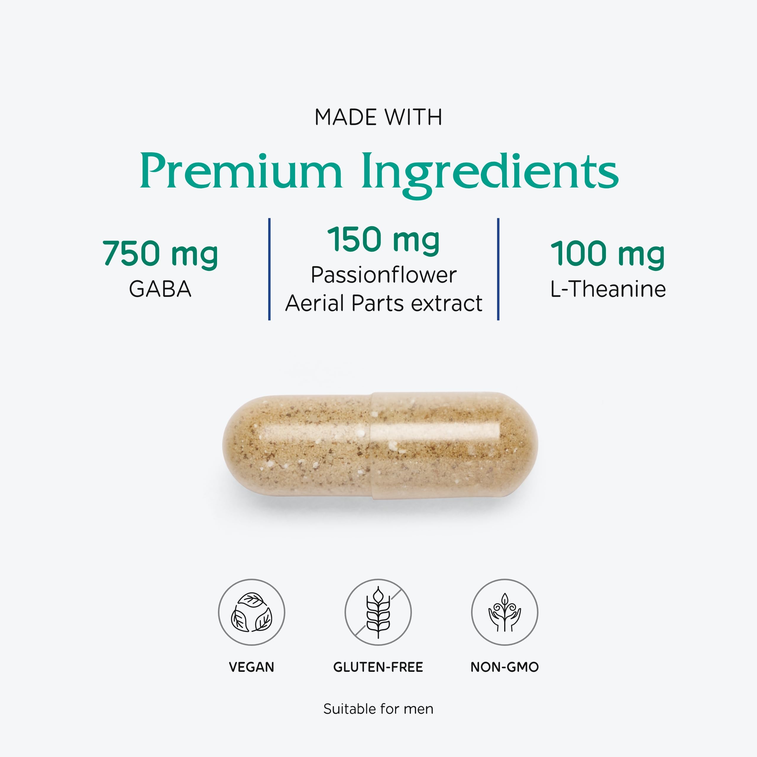 Vitanica GABA Ease bottle being poured to reveal easy-to-take capsules.