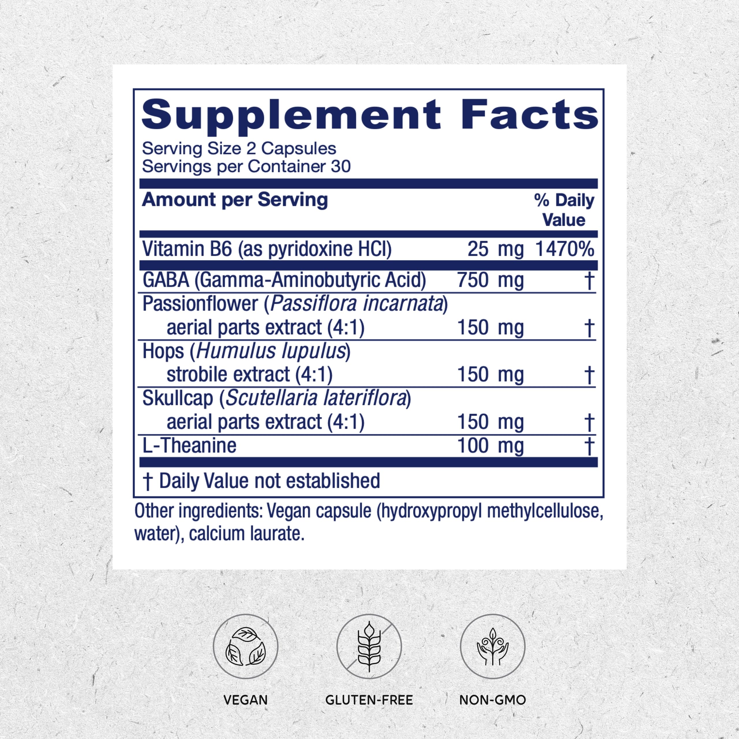 Vitanica GABA Ease capsules closeup highlighting gentle, natural calm aid.