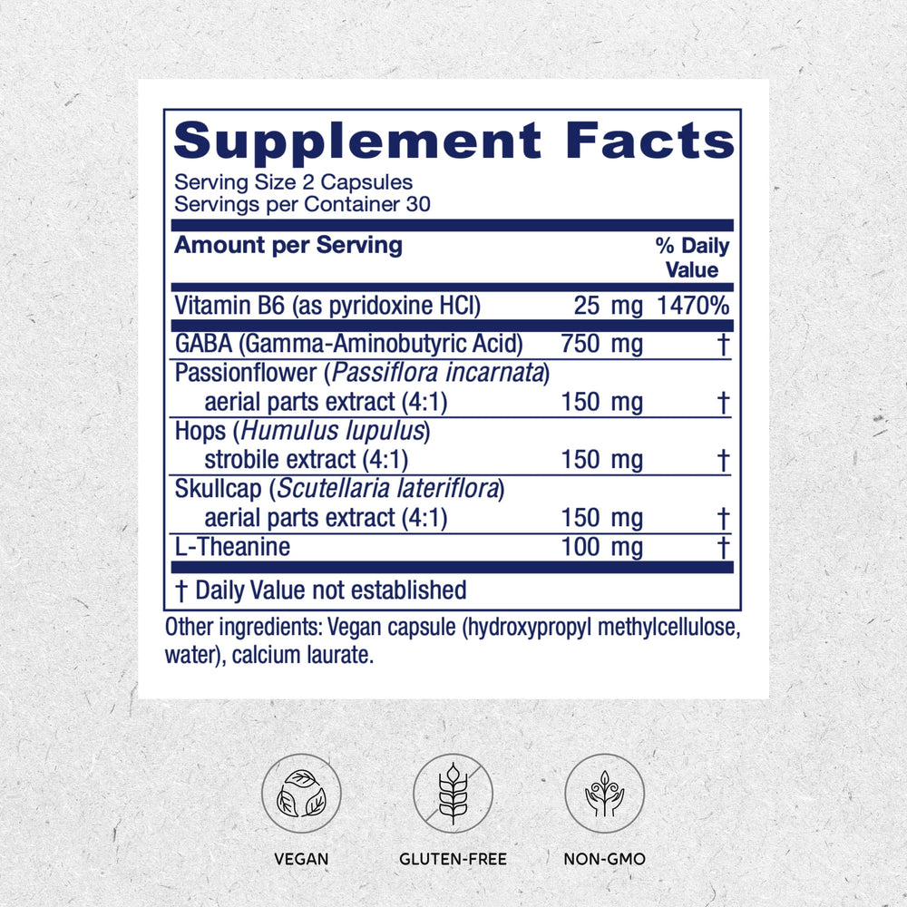 Vitanica GABA Ease capsules closeup highlighting gentle, natural calm aid.