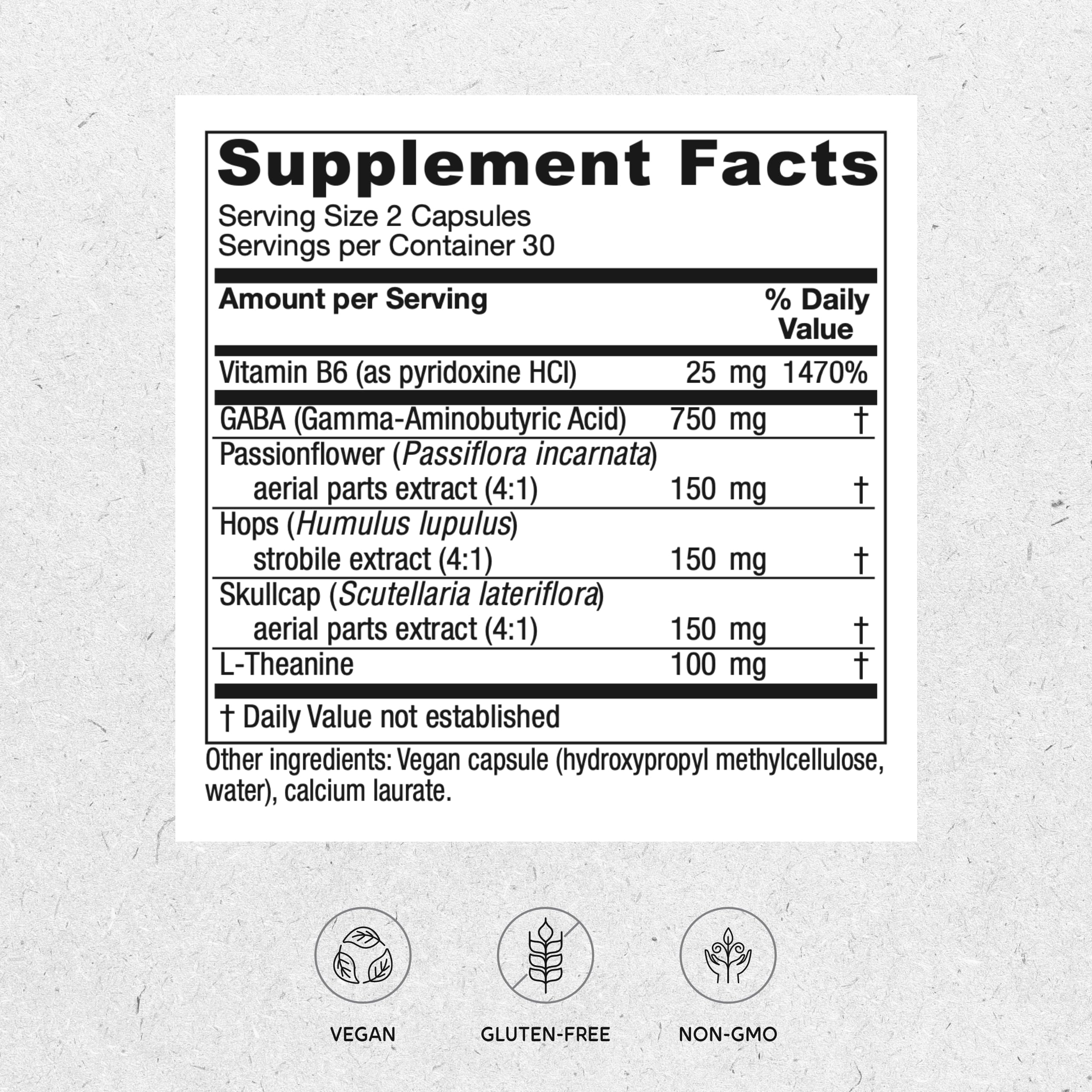 Vitanica GABA Ease front view highlights vegan calming supplement for occasional stress