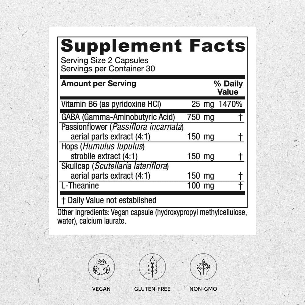 Vitanica GABA Ease front view highlights vegan calming supplement for occasional stress
