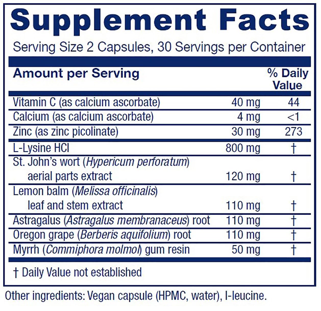 Vitanica Lysine Extra bottle back shows full ingredient list and vegan capsule details