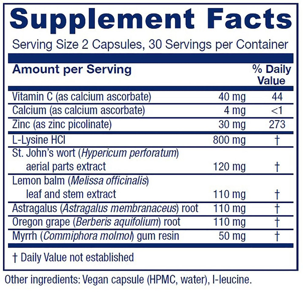 Vitanica Lysine Extra bottle back shows full ingredient list and vegan capsule details