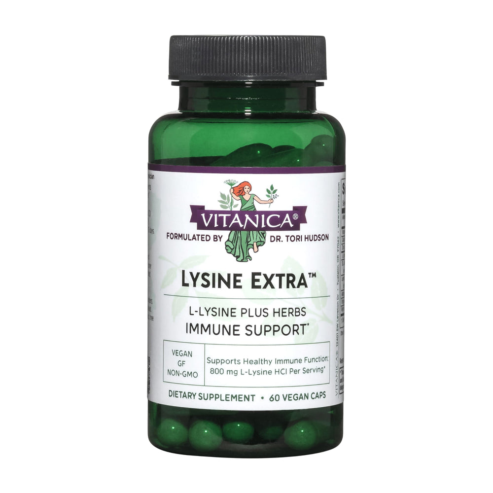Vitanica Lysine Extra bottle emphasizing vegan immune support.