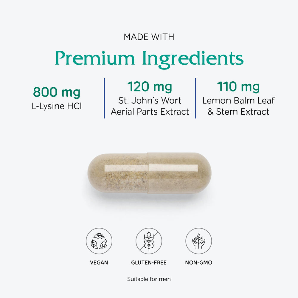 Vitanica Lysine Extra capsule close-up reveals soft, easy-to-swallow pills