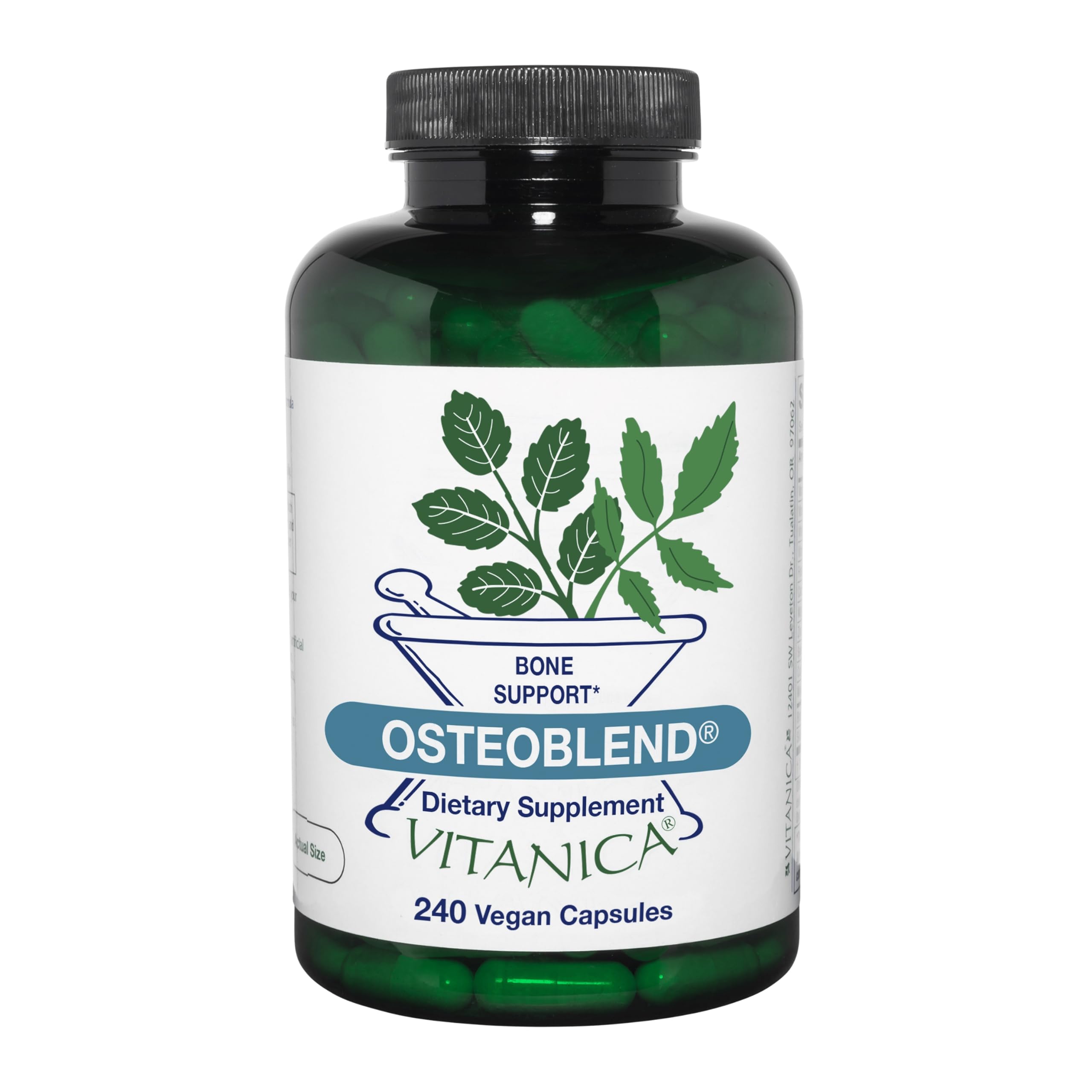 Vitanica OsteoBlend bottle front highlighting vegan bone support capsules.