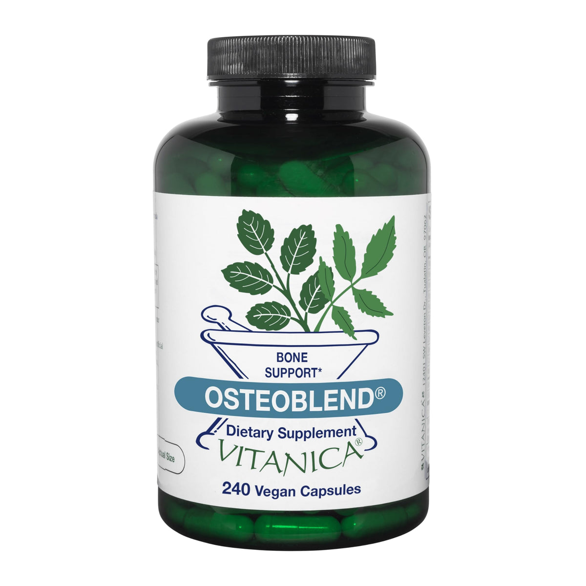 Vitanica OsteoBlend bottle front highlighting vegan bone support capsules.