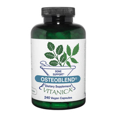 Vitanica OsteoBlend bottle front highlighting vegan bone support capsules.