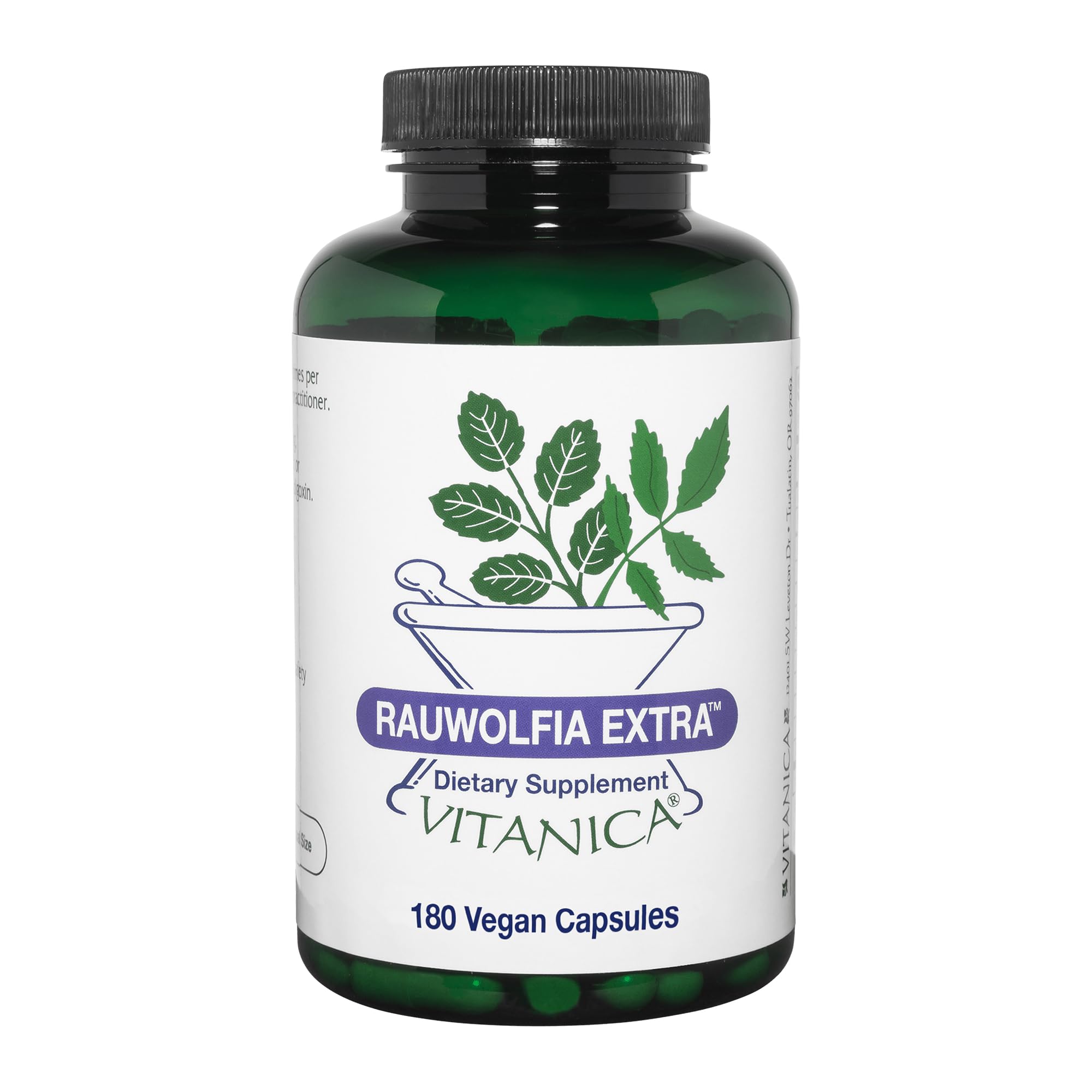 Vitanica Rauwolfia Extra bottle-front promotes cardiovascular support for daily wellness.