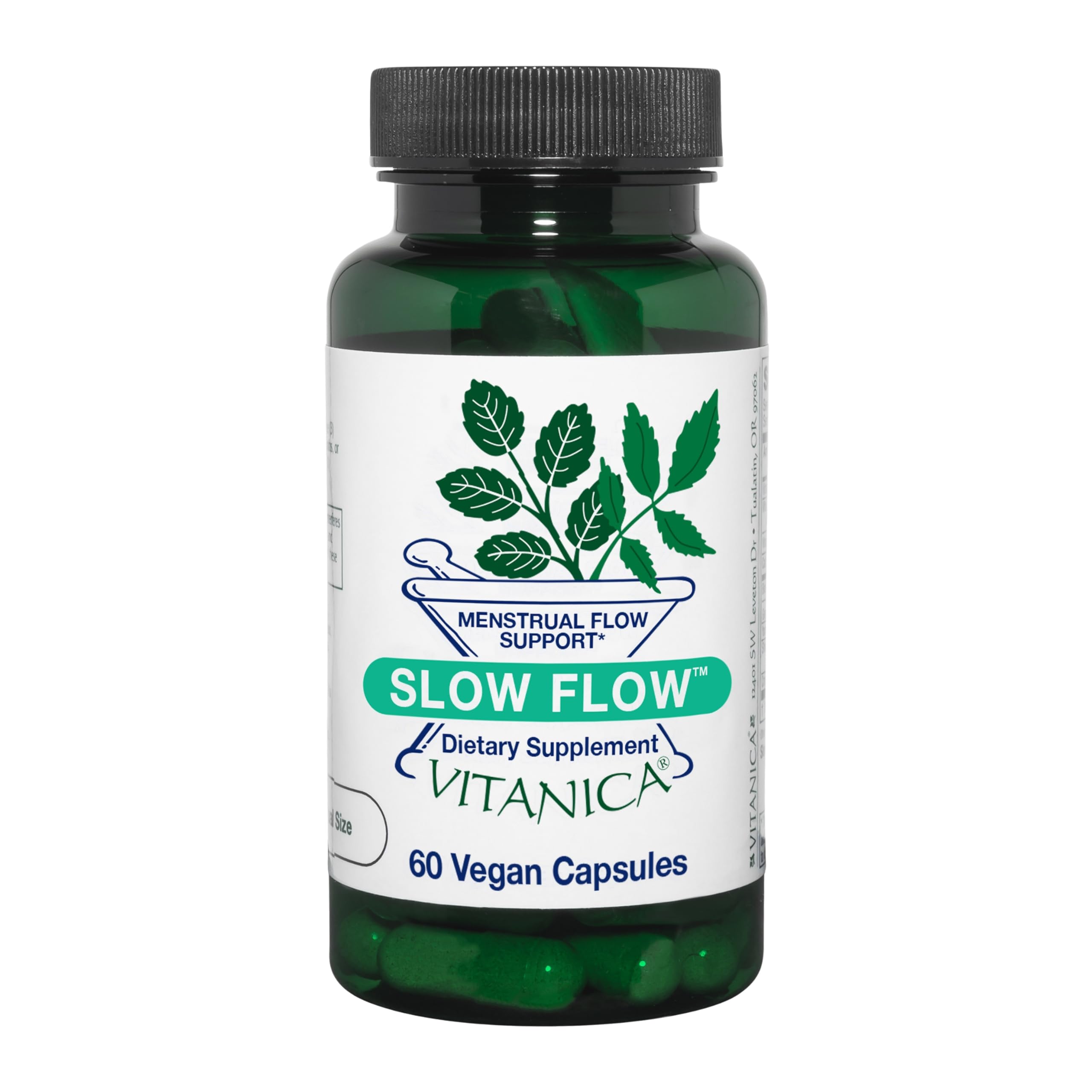 Vitanica Slow Flow bottle front shows vegan menstrual support formula for normal flow.