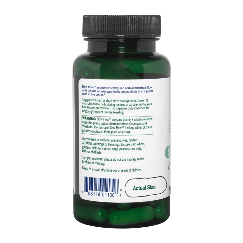 Slow Flow capsules close-up emphasizing vegan, non-GMO formulation.