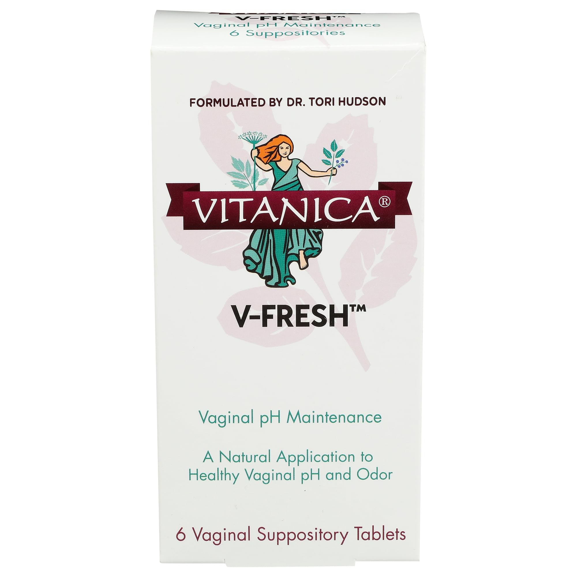Vitanica V-Fresh packaging box highlighting vaginal pH support formula for daily use