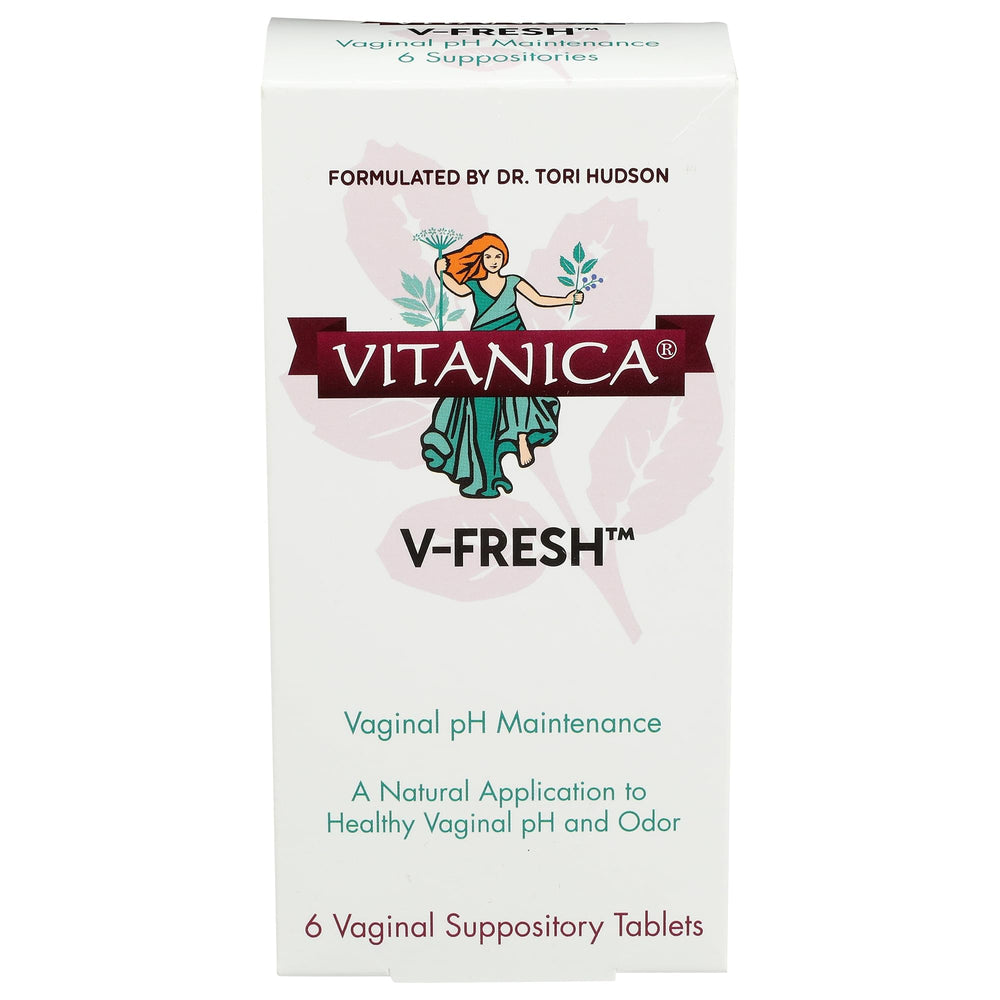 Vitanica V-Fresh packaging box highlighting vaginal pH support formula for daily use
