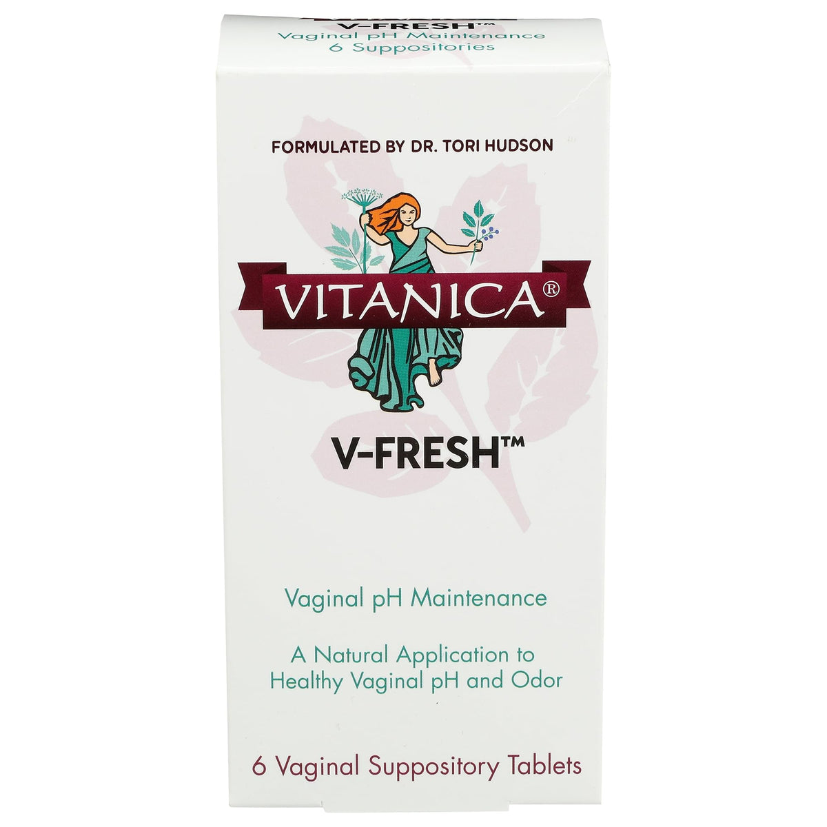 Vitanica V-Fresh packaging box highlighting vaginal pH support formula for daily use