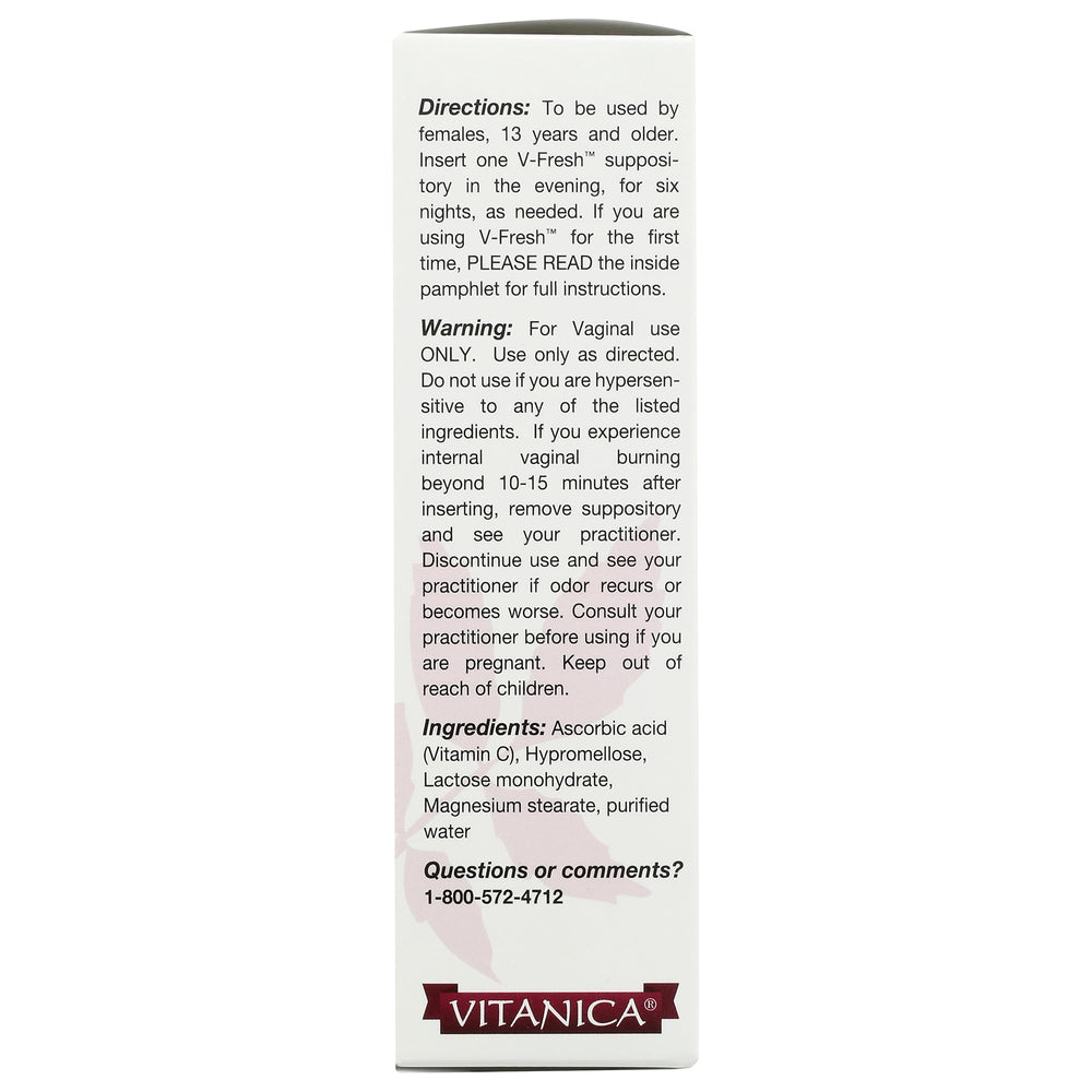 Vitanica V-Fresh 6-count suppositories ready for a gentle pH balance routine