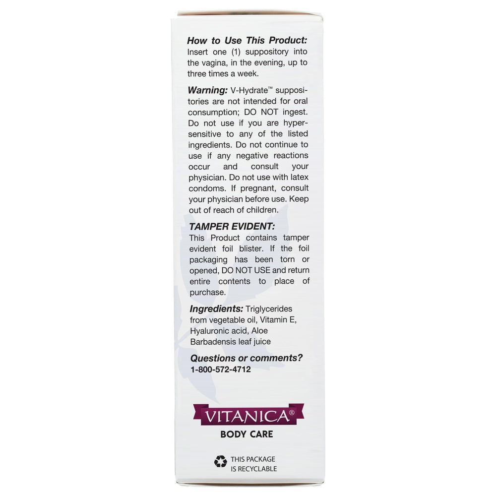 Vitanica V-Hydrate box closeup highlighting aloe and vitamin E ingredients