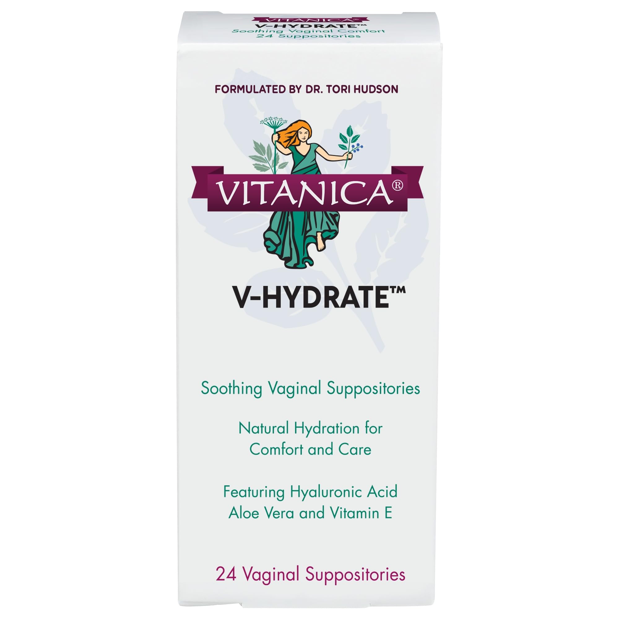 Vitanica V-Hydrate packshot showing plant-based hydration for vaginal comfort