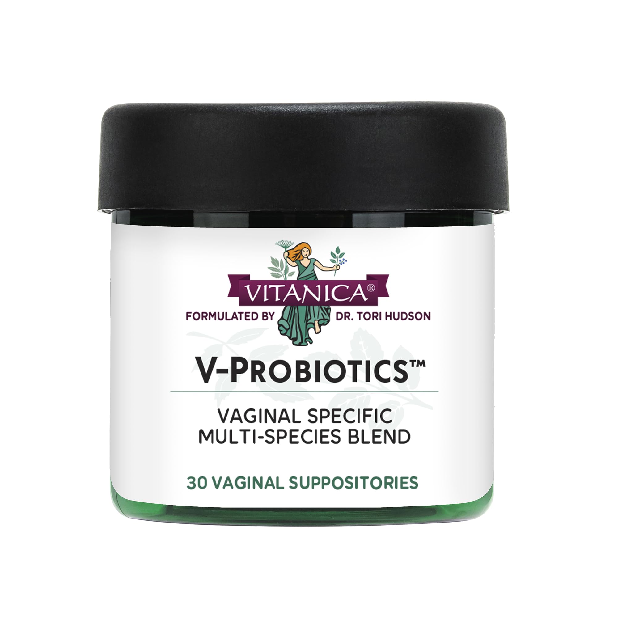 Vitanica V-Probiotics bottle front for daily vaginal balance.