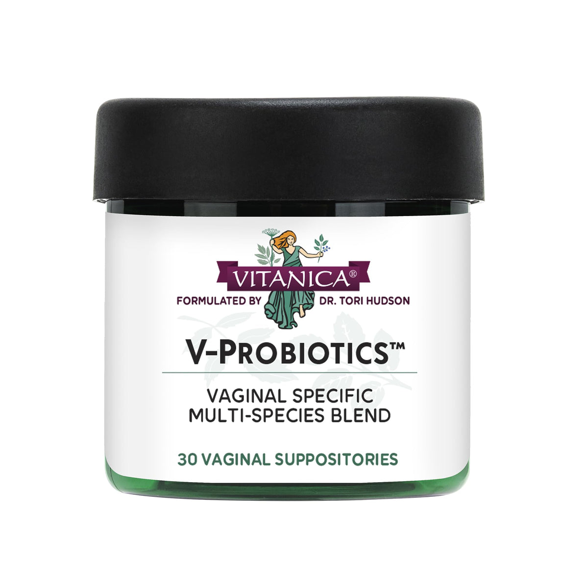 Vitanica V-Probiotics bottle front for daily vaginal balance.