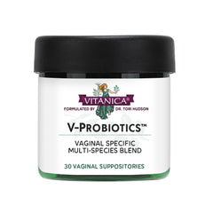 Vitanica V-Probiotics bottle front for daily vaginal balance.