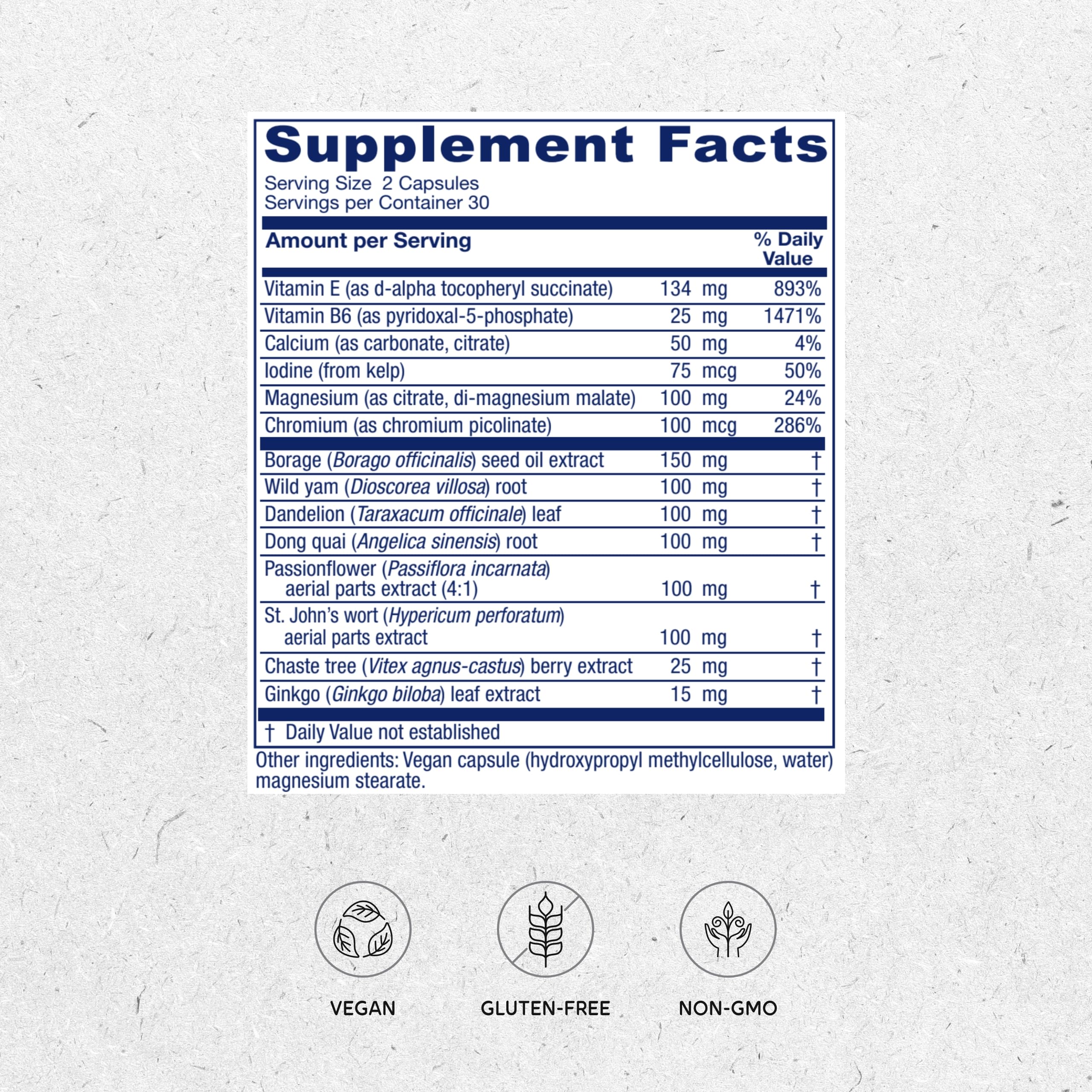 Vitanica Phase I PMS capsules closeup highlighting plant-based capsules