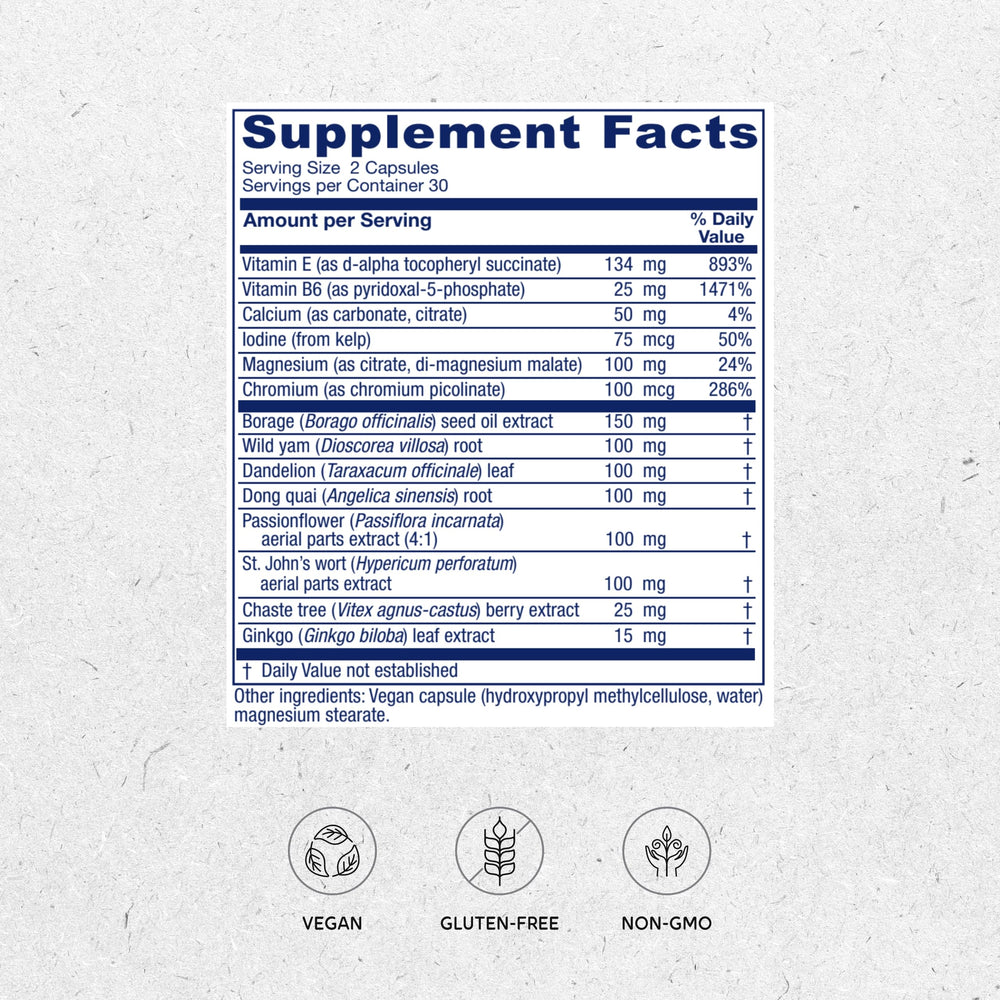 Vitanica Phase I PMS capsules closeup highlighting plant-based capsules