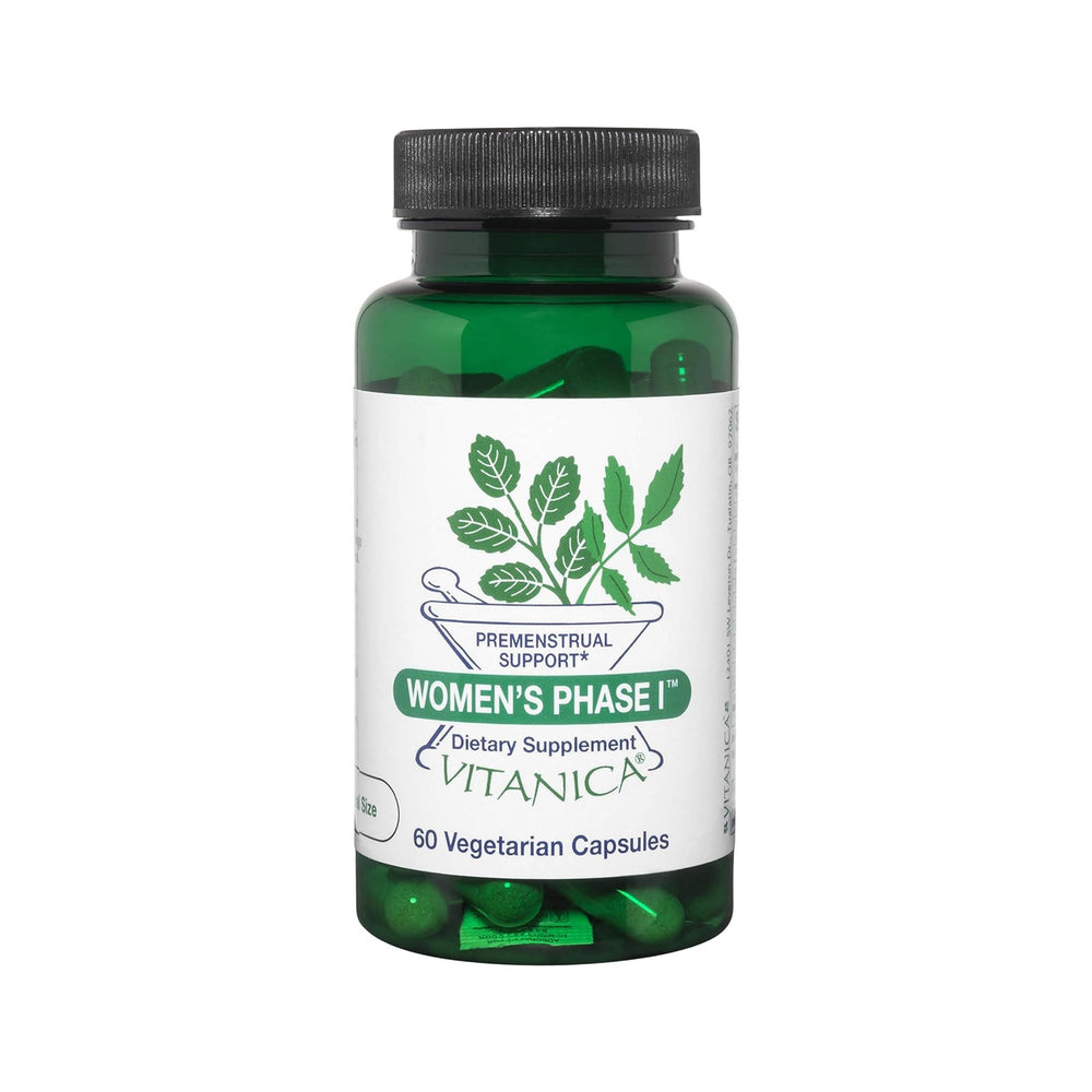 Vitanica Women's Phase I PMS supplement bottle showing vegan formula