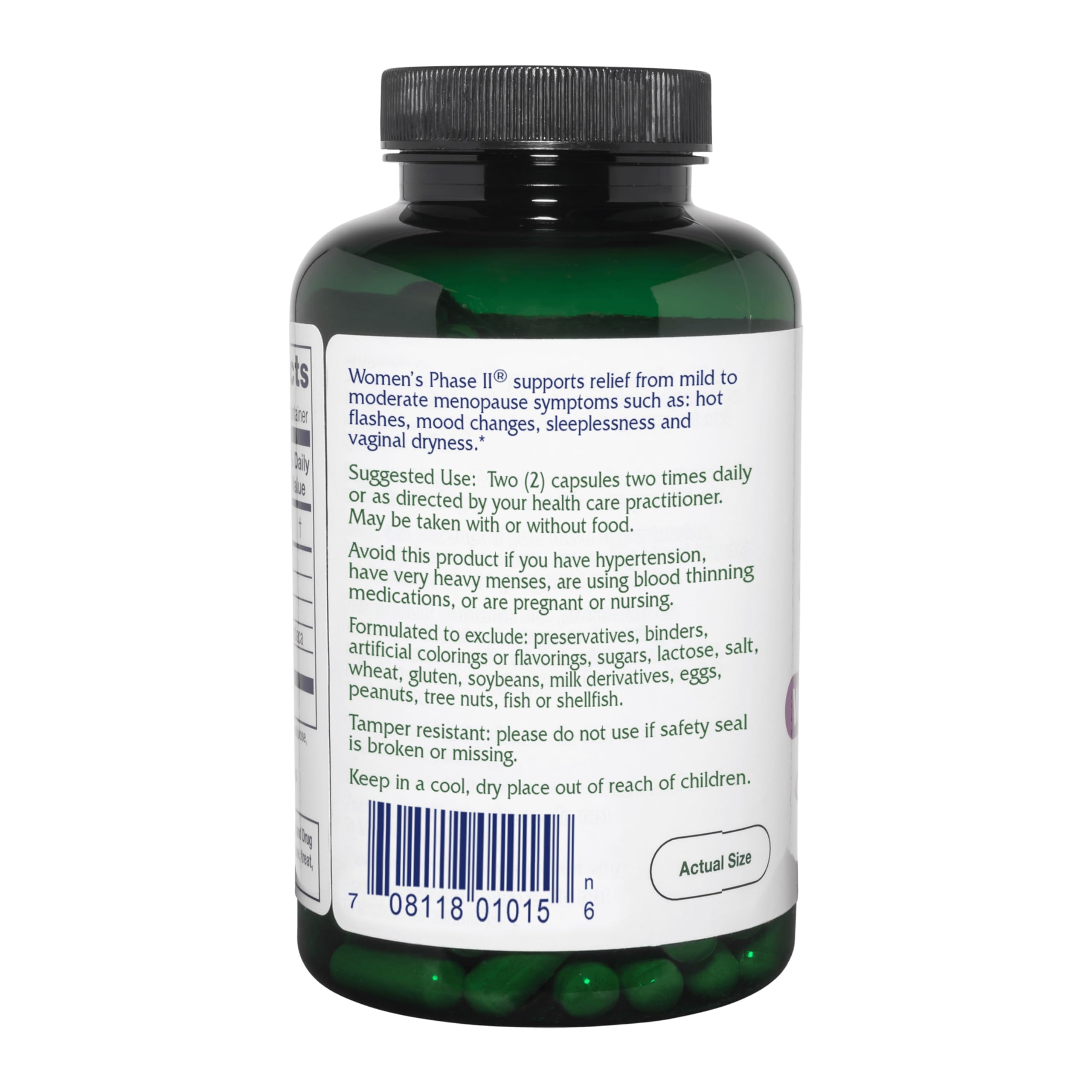 Vitanica Women's Phase II capsules closeup emphasizes vegan, non-GMO ingredients.