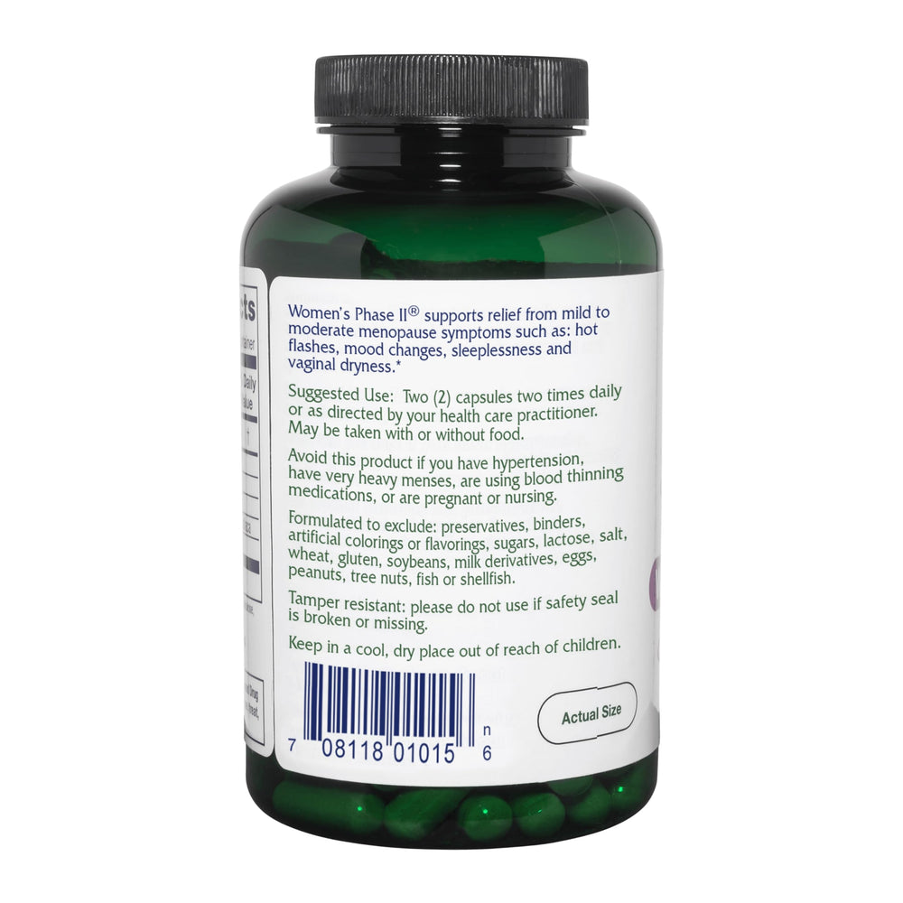 Vitanica Women's Phase II capsules closeup emphasizes vegan, non-GMO ingredients.