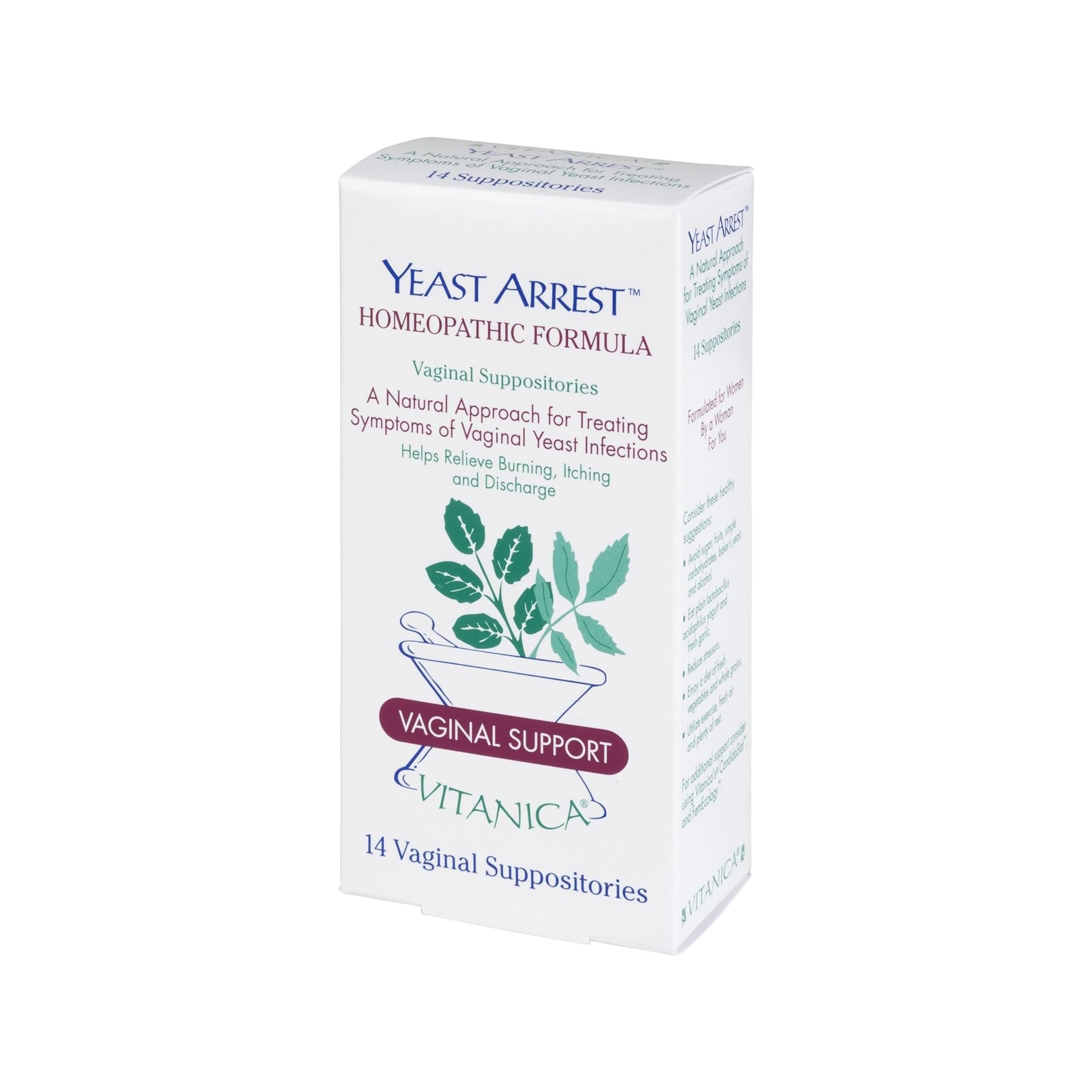 Vitanica Yeast Arrest box packaging for discreet at-home care.