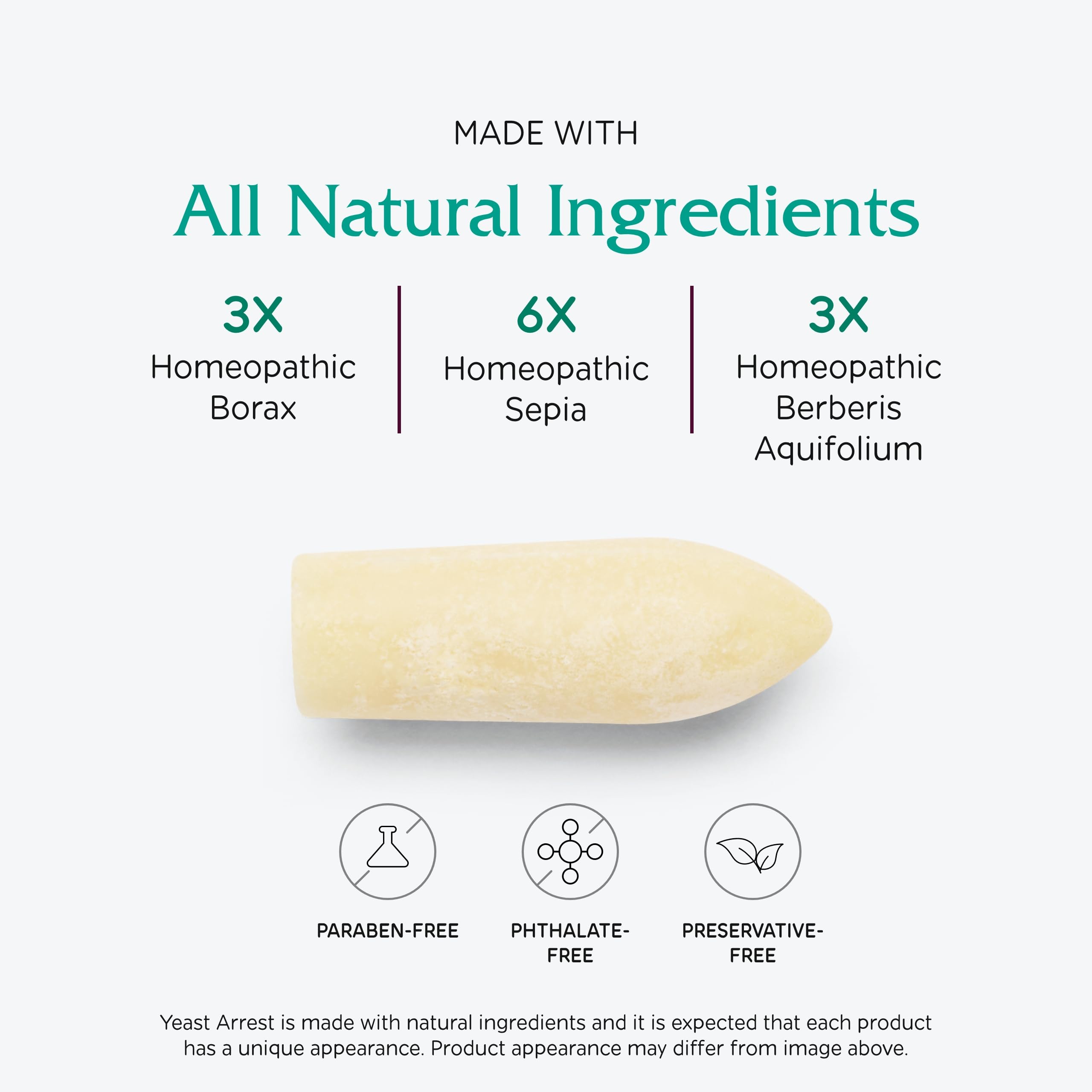 Vitanica Yeast Arrest suppositories close-up with smooth texture.