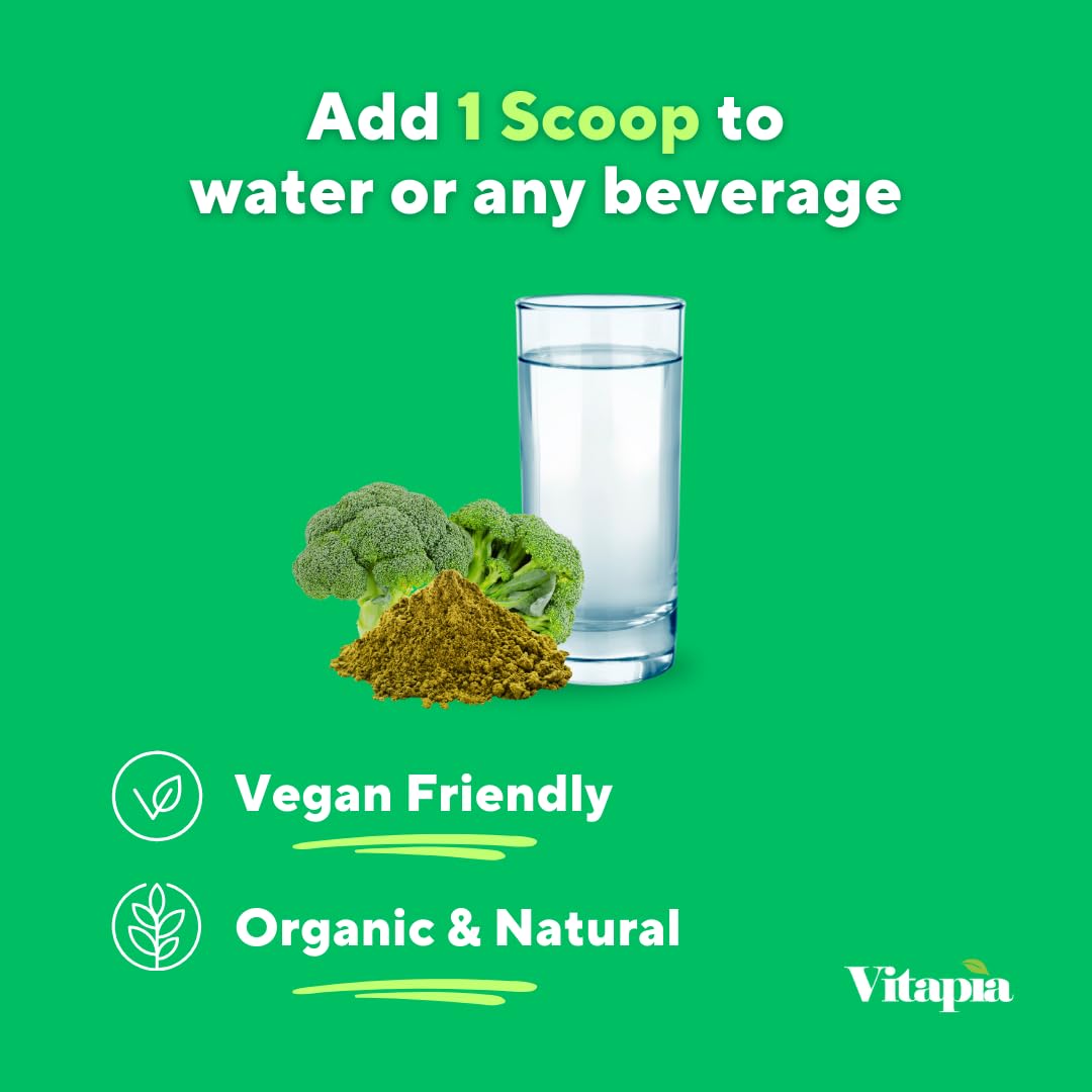 VITAPIA broccoli sprout powder back-of-container nutrition panel showing clean vegan-friendly ingredients.