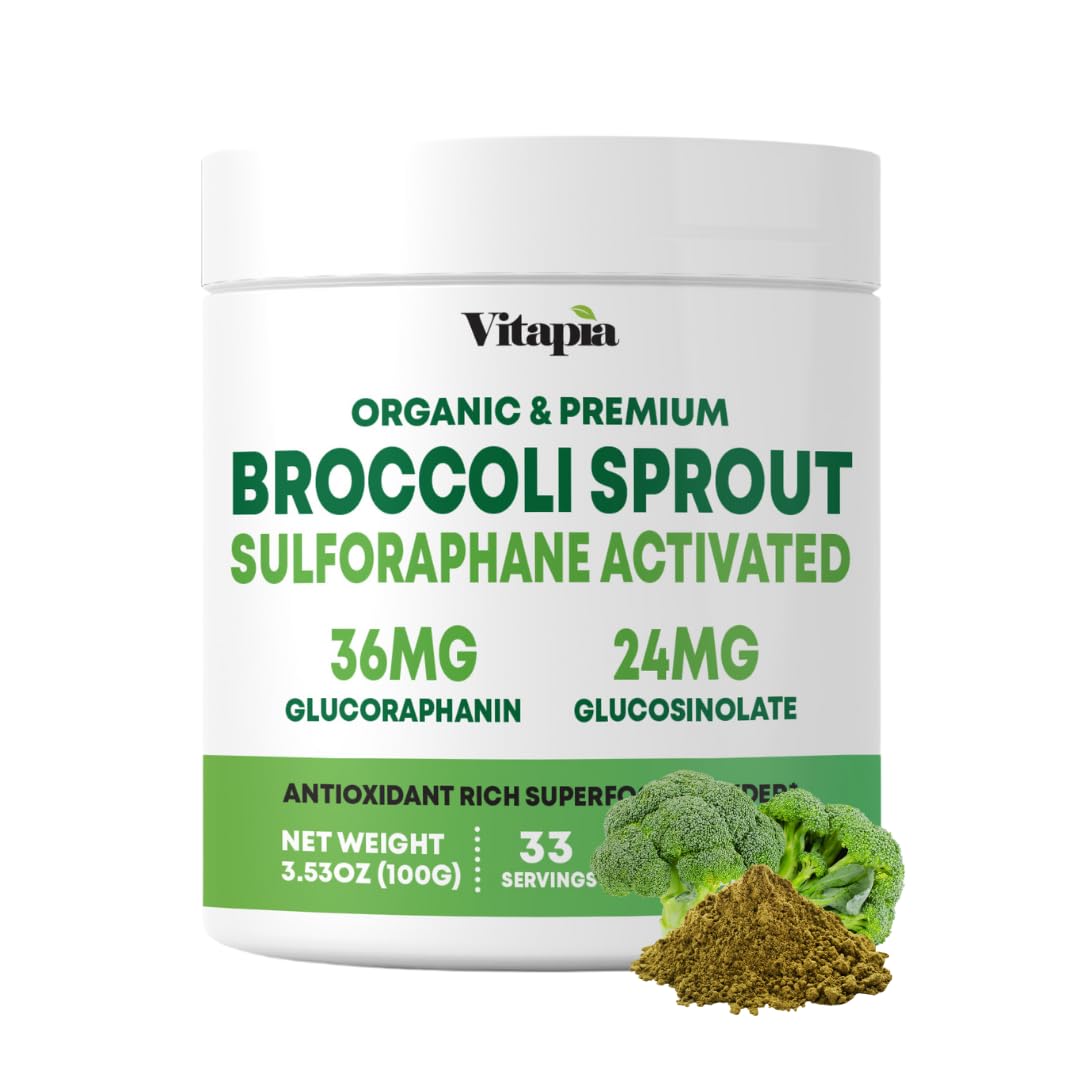 VITAPIA broccoli sprout powder bottle with label highlighting antioxidant benefits.