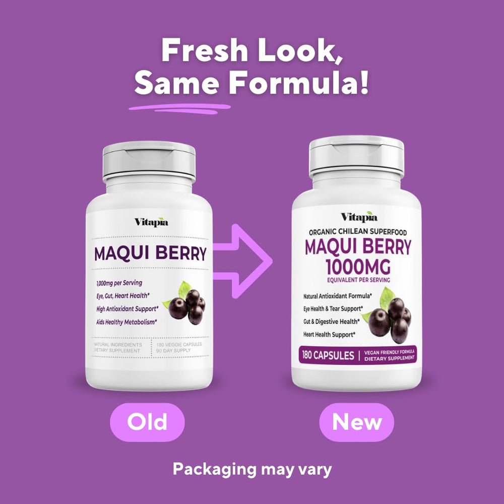 Vitapia Maqui Berry 90-day supply packaging signals long-term use.