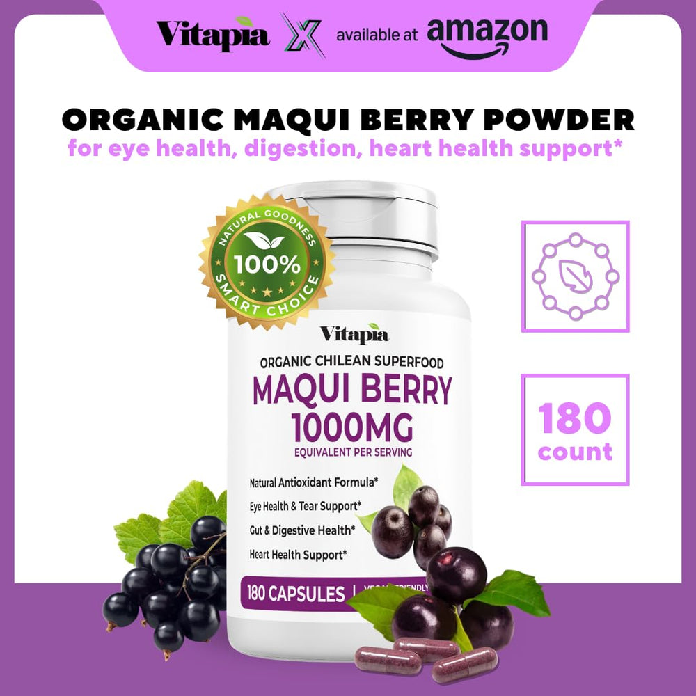 Close-up of Vitapia Maqui Berry capsules ready for daily routine.