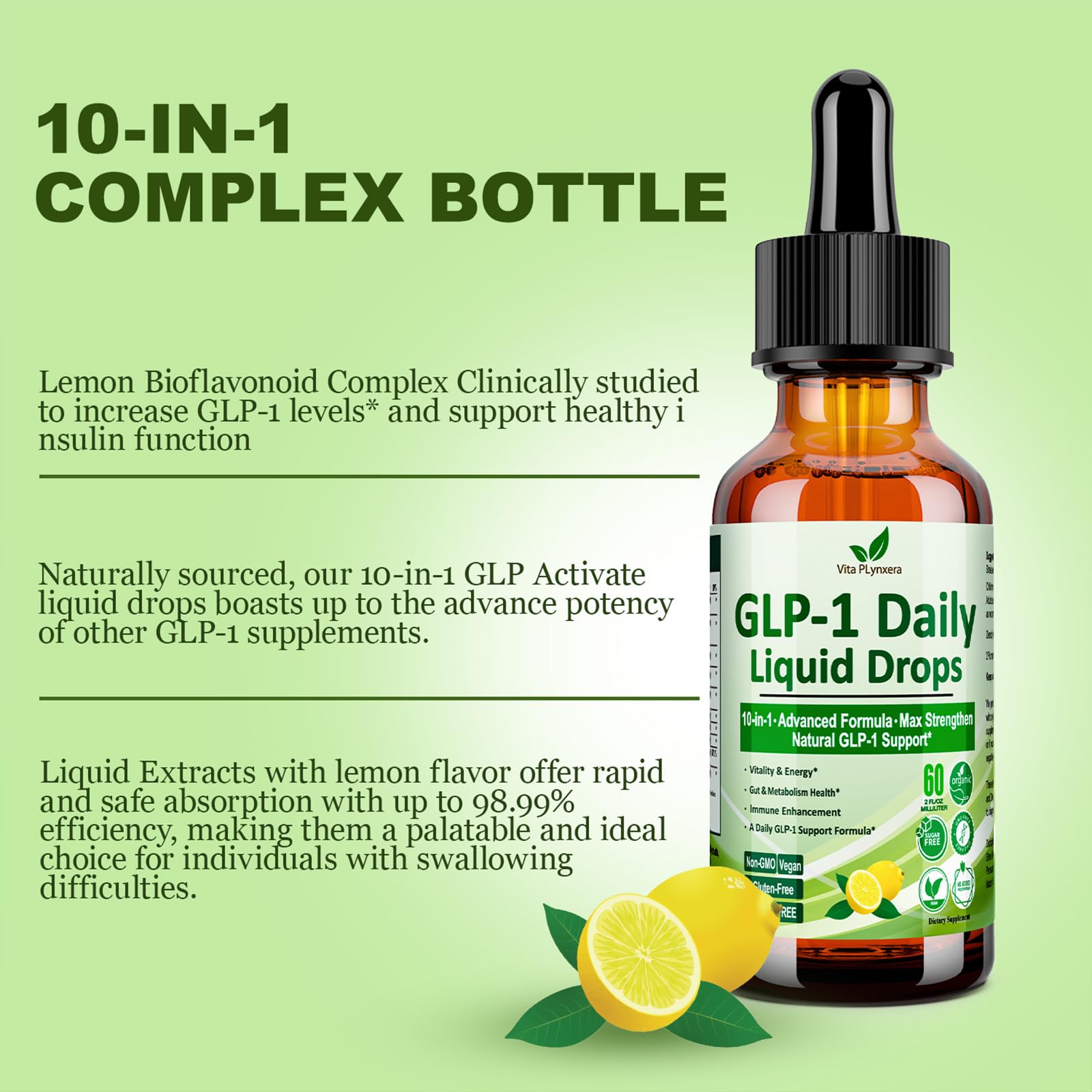 Bottle label of Vita PLynxera GLP-1 Drops showing quality formulation.